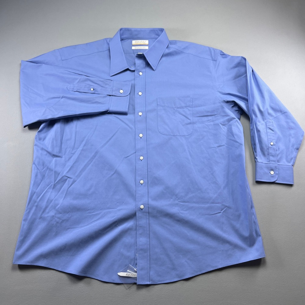 Roundtree & Yorke Gold Label Dress Shirt Men 18.5 Blue Cotton Non Iron Button Up